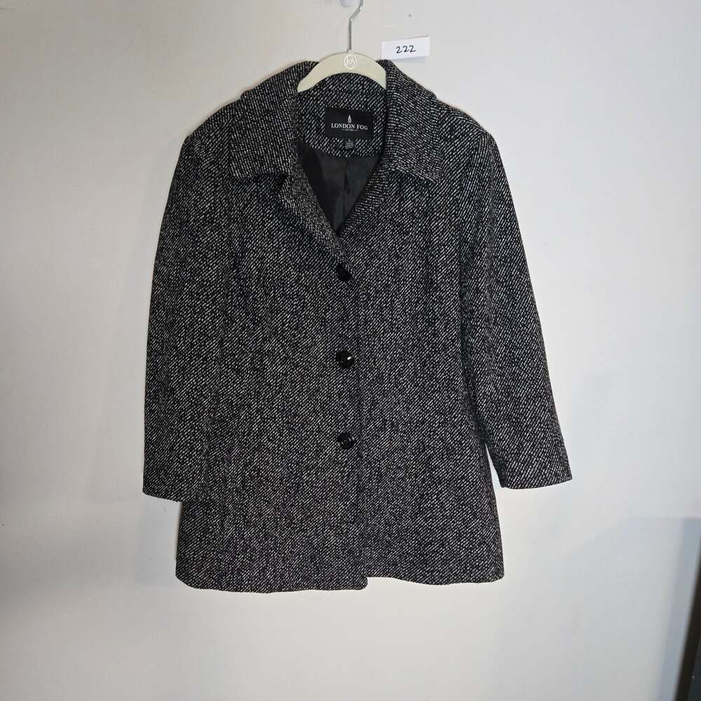 London Fog Women's Black and White Tweed Herringbone Button-Front Coat Size L